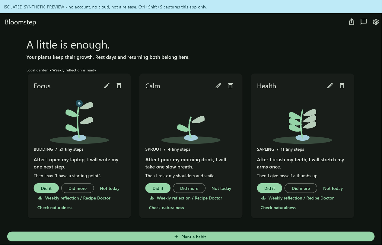 Bloomstep desktop app showing three growing plants and their habit check-in actions in an isolated synthetic sample garden.