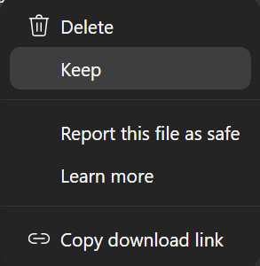 Actual Edge menu with Delete, Keep, Report this file as safe, Learn more and Copy download link.